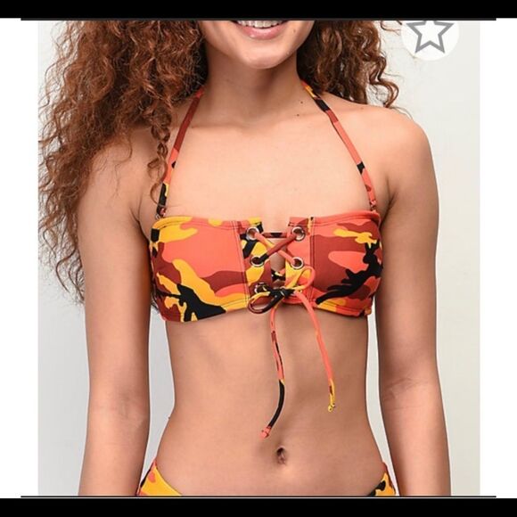 Malibu dream girl orange camo eyelet Lace-up bandeau bikini top Sz S NWOT - Picture 1 of 12